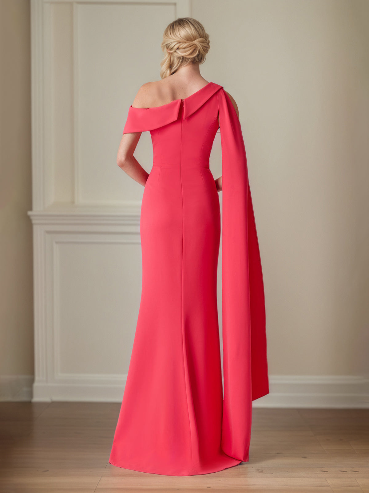 Coral Stretch Crepe Sheath/Column One Shoulder Floor Length Mother of the Bride Dresses
