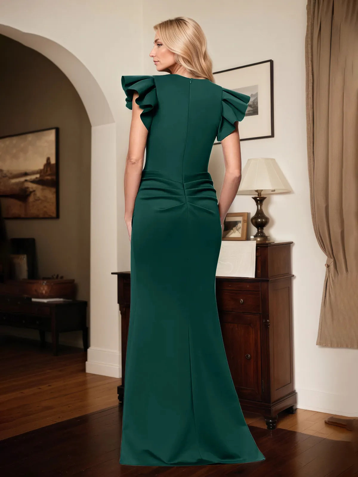 Trumpet/Mermaid V-Neck Short Sleeve Floor-Length Stretch Crepe Mother of the Bride Dress With Ruffles - View 2 | FashionDia