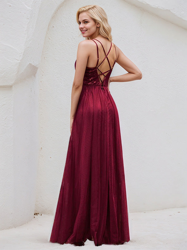 Burgundy Tulle A Line Spaghetti Straps Sleeveless Floor Length Bridesmaid Dress