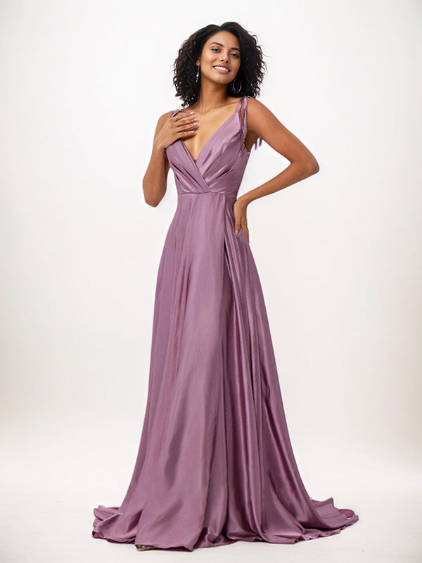 Wisteria A-Line Satin Ruffles V-Neck Sleeveless Floor Length Bridesmaid Dresses