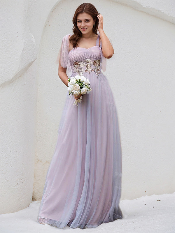Pink Tulle A-Line Spaghetti Straps Sleeveless Floor-Length Bridesmaid Dress With Applique - View 3 | FashionDia