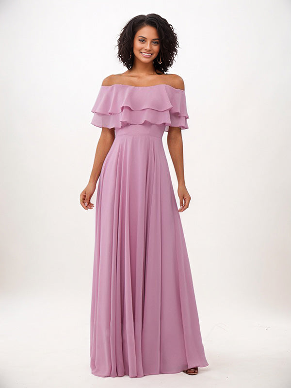 Wisteria A-Line Chiffon Ruffles Off-The-Shoulder Sleeveless Floor-Length Bridesmaid Dresses - View 4 | FashionDia