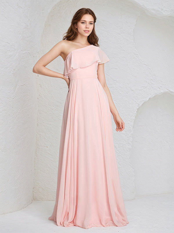 Pink Chiffon A-Line One Shoulder Floor-Length Sleeveless Bridesmaid Dress With Ruffles