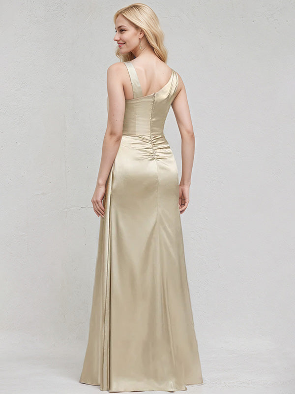 Champagne Satin A-Line One-Shoulder Sleeveless Floor-Length Bridesmaid Dress - View 2 | FashionDia