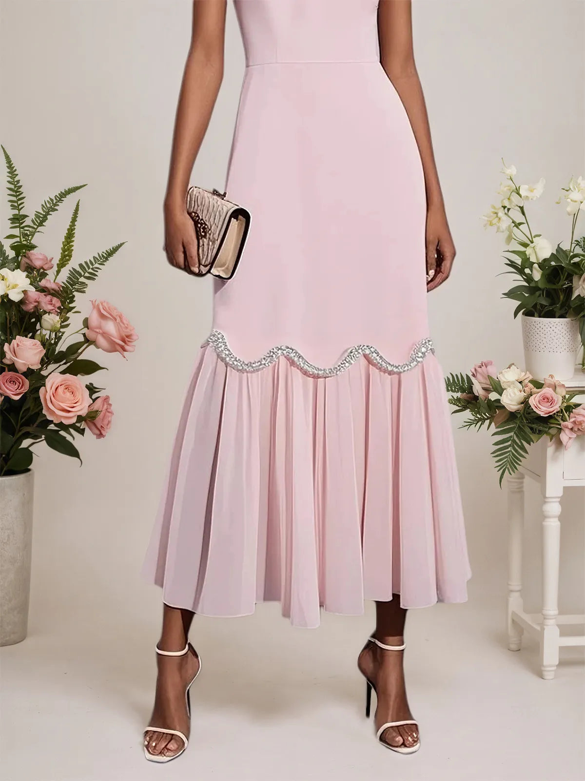 Pink Rhinestone Classic Sweetheart Neckline Short Sleeve A-Line Maxi Dress - View 3 | FashionDia