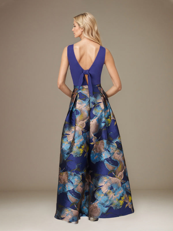 Royal Blue A-Line Satin Jewel Neckline Sleeveless Floor-Length Floral Dress - View 2 | FashionDia