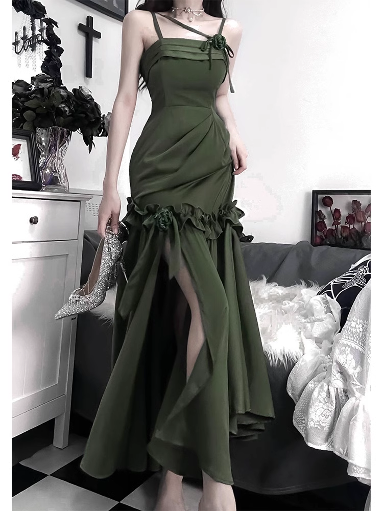 Chic Mermaid Straps Green Long Ruffles Prom Dresses Birthday Dress