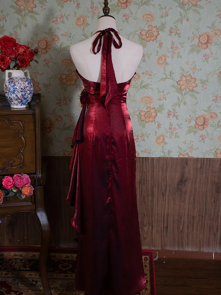 Vintage Burgundy Floral Long Prom Dress Halter Party Evening Gown - View 3 | FashionDia