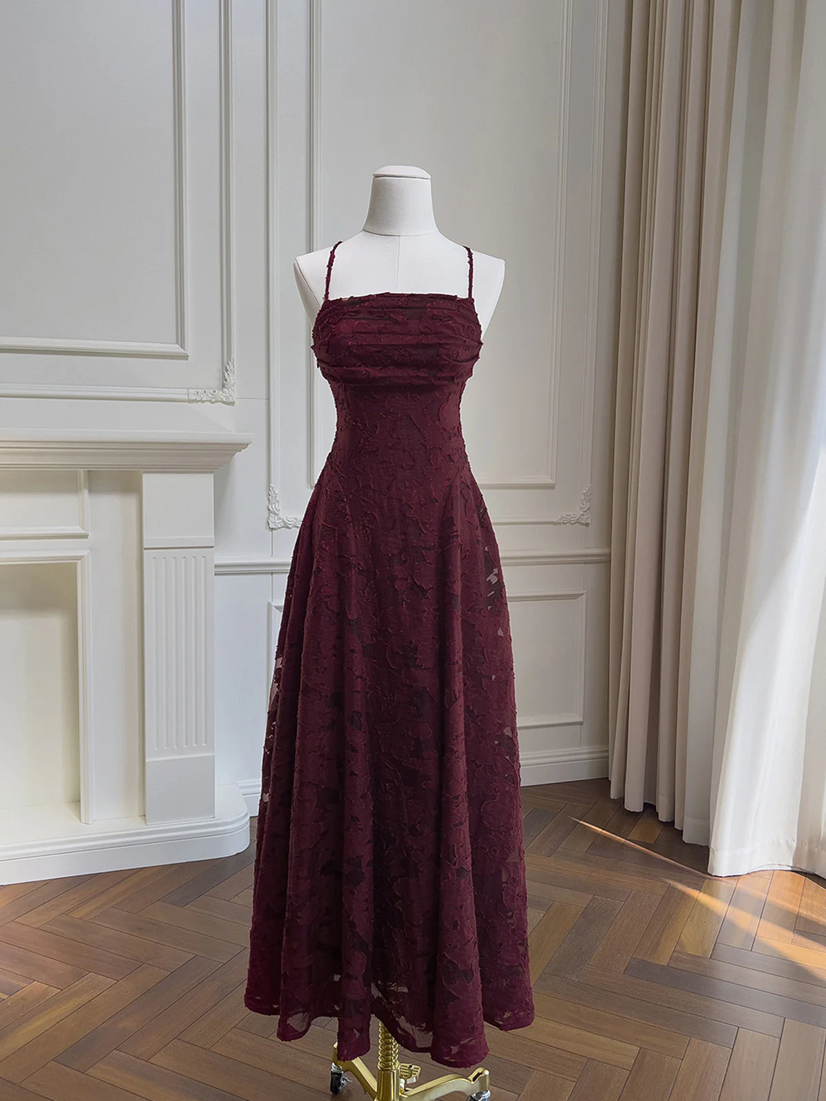Wine Red Lace Cross Back Party Dress Prom Dress, Wine Red A-line Evening Dress - FashionDia