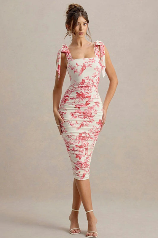 Sweet Floral TieWaist Bodycon Floral Dress