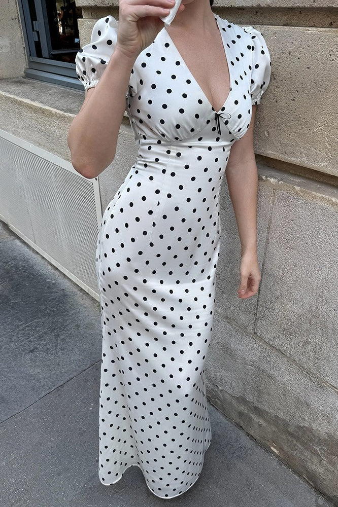Polka Dot V-Neck Puff Sleeve Waist Tie Bodycon Maxi Dress - VelvetHem