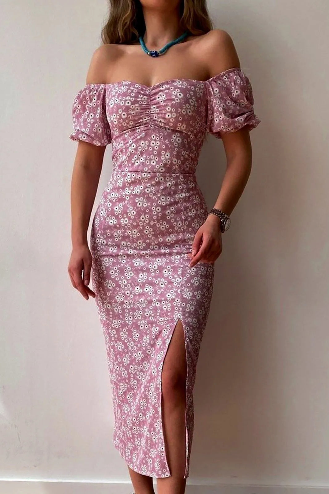 Chiffon Wrap Slit Floral Dress - View 4 | FashionDia