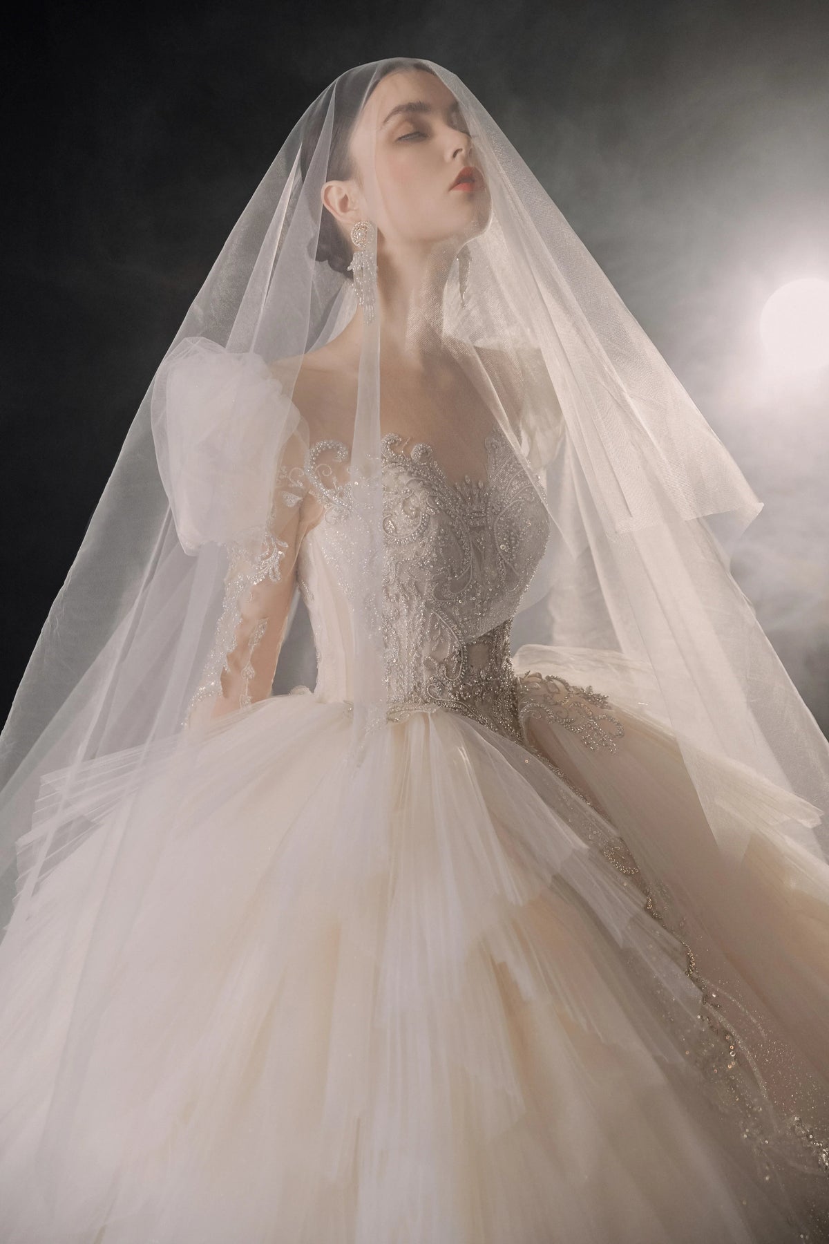 Magnificent Off-the-Shoulder Ball Gown Sweetheart Neckline Tulle Puff Sleeve Beaded Lace Long-Sleeve Wedding Dress with Layered Train E-301 (ZD16886) - View 8 | VelvetHem