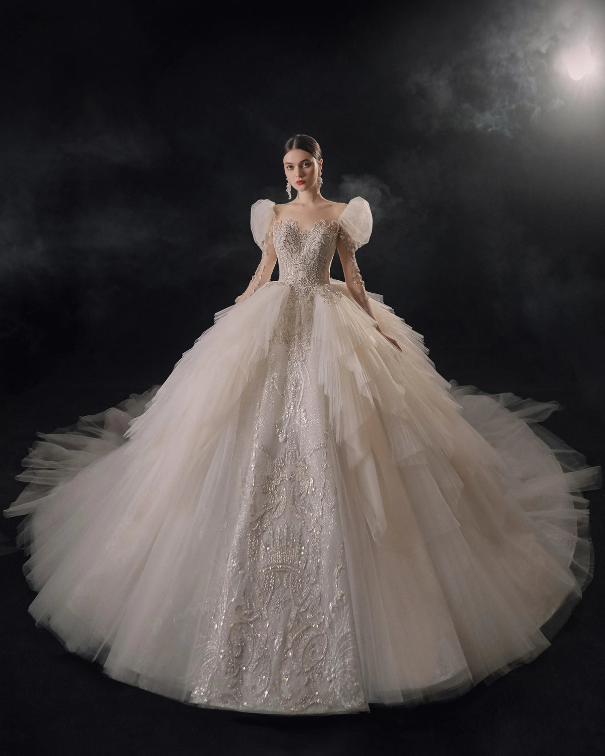 Magnificent Off-the-Shoulder Ball Gown Sweetheart Neckline Tulle Puff Sleeve Beaded Lace Long-Sleeve Wedding Dress with Layered Train E-301 (ZD16886)
