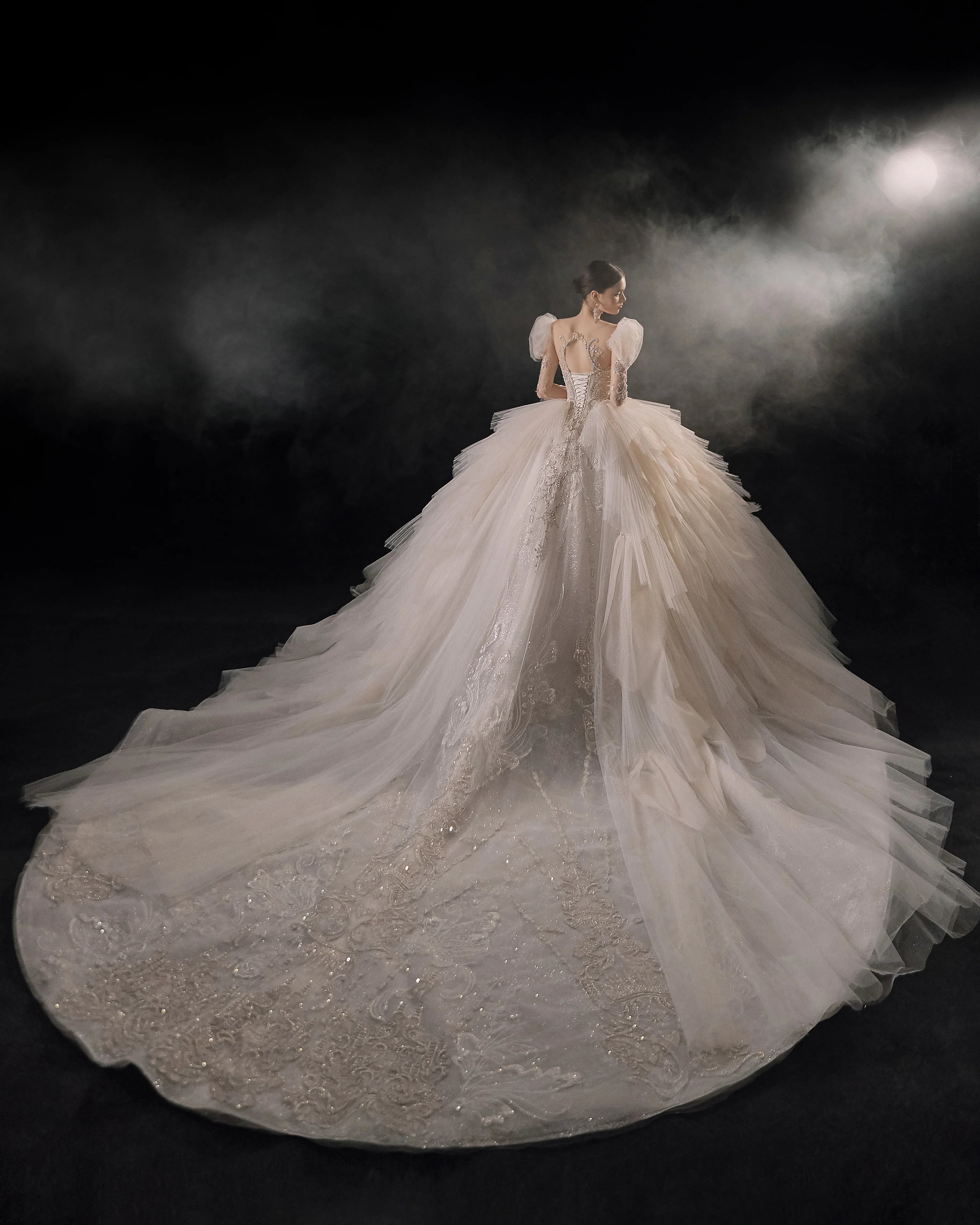 Magnificent Off-the-Shoulder Ball Gown Sweetheart Neckline Tulle Puff Sleeve Beaded Lace Long-Sleeve Wedding Dress with Layered Train E-301 (ZD16886)