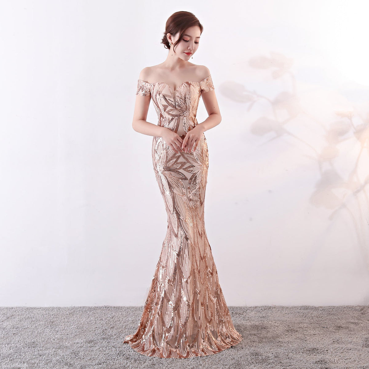 Off the Shoulder Sequined Evening Dress: Long Fish Tail, Slim Fit - View 4 | VelvetHem