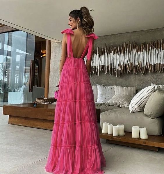 Pink Backless Prom Dress, Evening Dress - View 2 | FashionDia