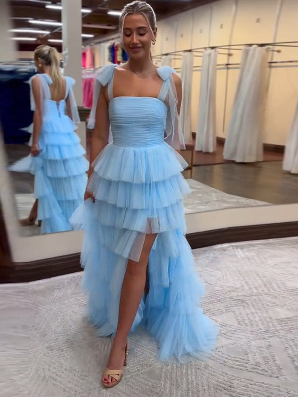 Blue A-Line Spaghetti Straps Tulle Tiered Long Prom Dress with Slit - FashionDia