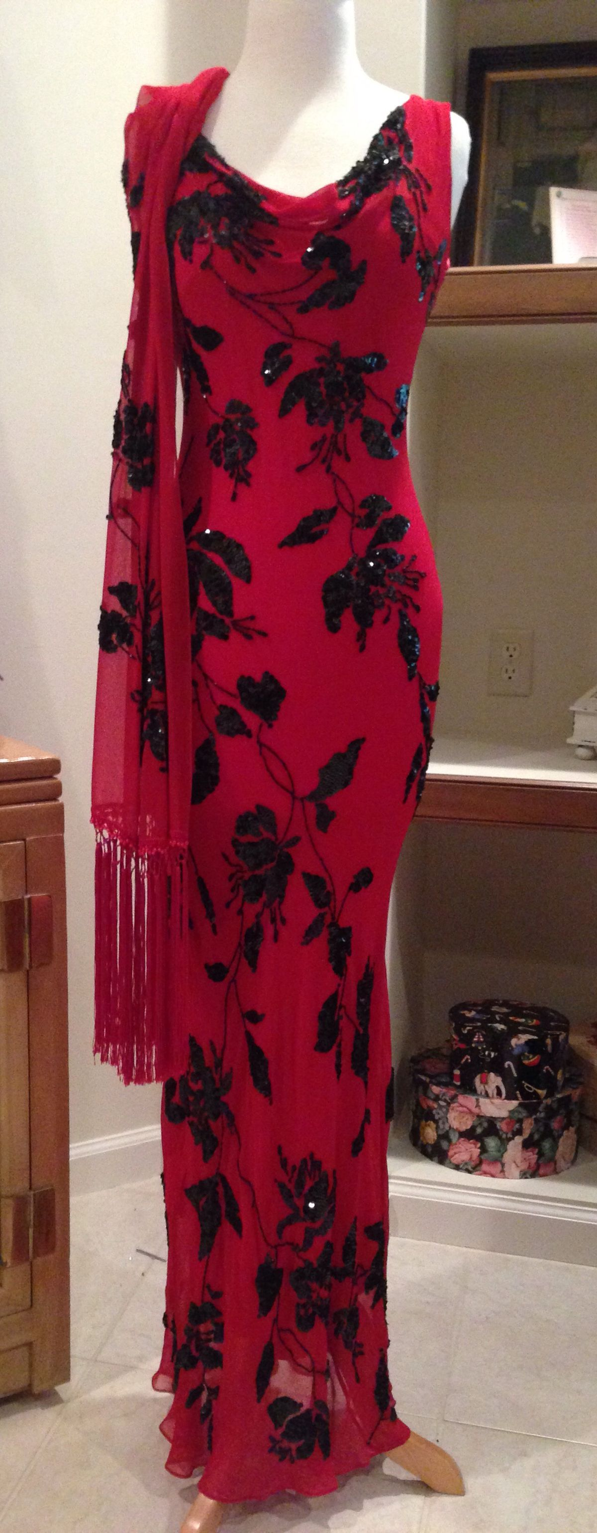 Pretty Red ChiffonSequin Beaded Mermaid Long Party Dress Evening Gown With Ribbon