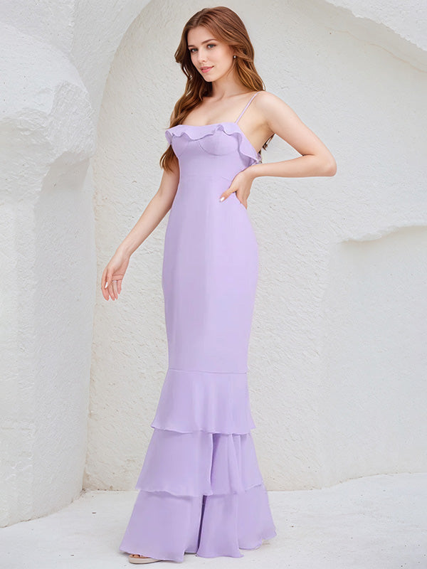 Lilac Chiffon Spaghetti Straps Sleeveless Floor-Length Bridesmaid Dress With Cascading Ruffles - View 4 | FashionDia