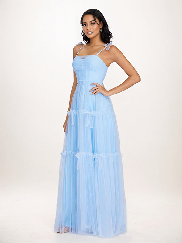 Sky Blue Tulle A Line Spaghetti Straps Floor Length Sleeveless Bridesmaid Dress With Bow