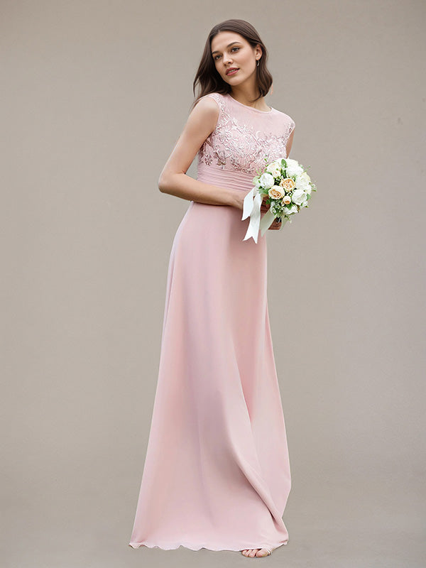 Petal A-Line Chiffon Scoop Neck Sleeveless Floor-Length Bridesmaid Dresses With Appliques - FashionDia