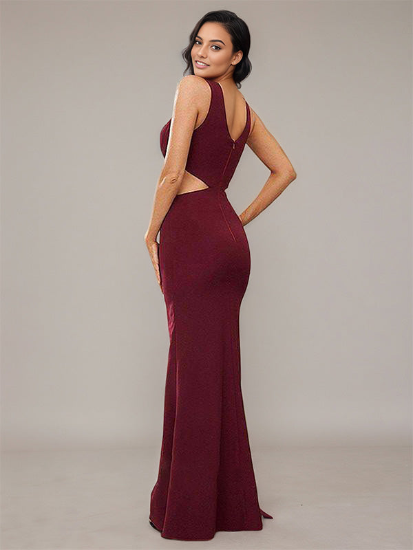 Cabernet Sheath/Column Stretch Crepe Scoop Sleeveless Floor-Length Bridesmaid Dresses - View 4 | FashionDia