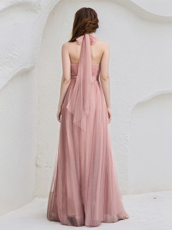 Dusty Rose A-Line Halter Neck Floor-Length Tulle Bridesmaid Dress