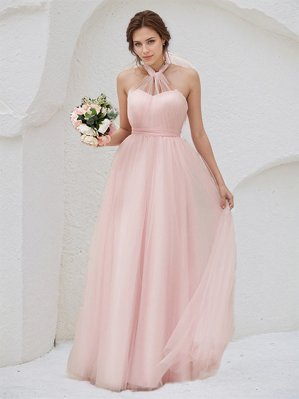 Pink Tulle A Line Halter Neck Sleeveless Floor Length Bridesmaid Dress