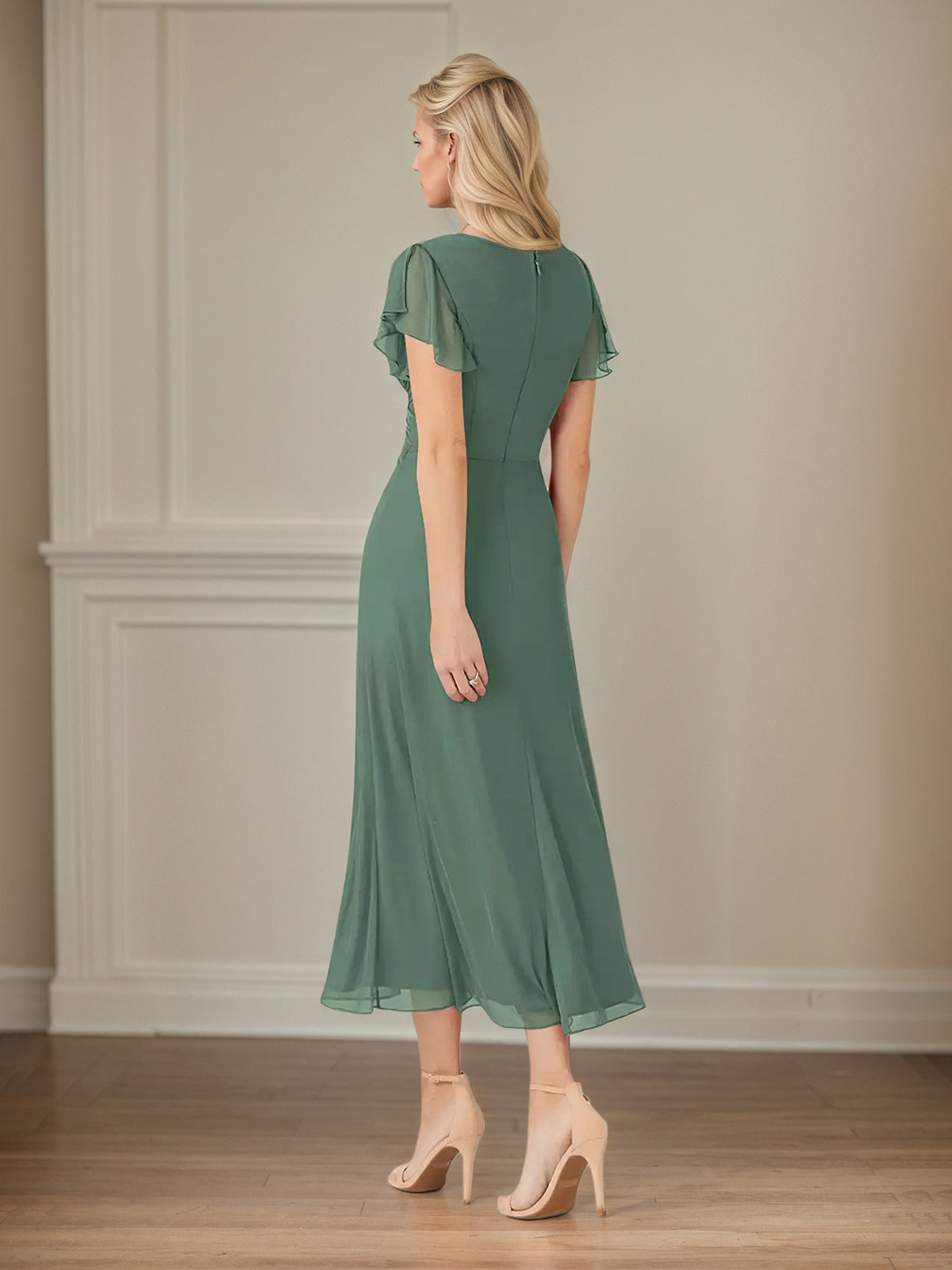 Green A Line Chiffon V Neck Short Sleeves Tea Length Mother of the Bride Dresses