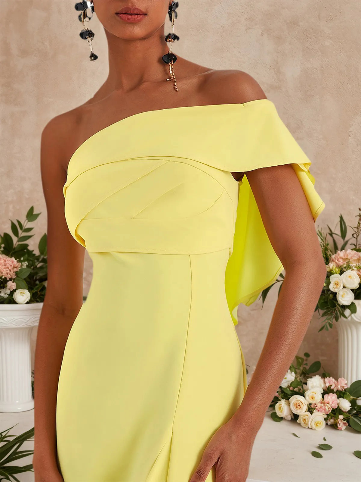 Yellow Ruched One-Shoulder A-Line Gown - View 4 | FashionDia