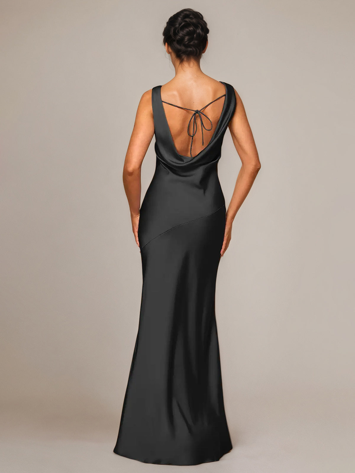 Black Satin Sheath/Column Cowl Neckline Sleeveless Floor-Length Bridesmaid Dress - View 2 | FashionDia
