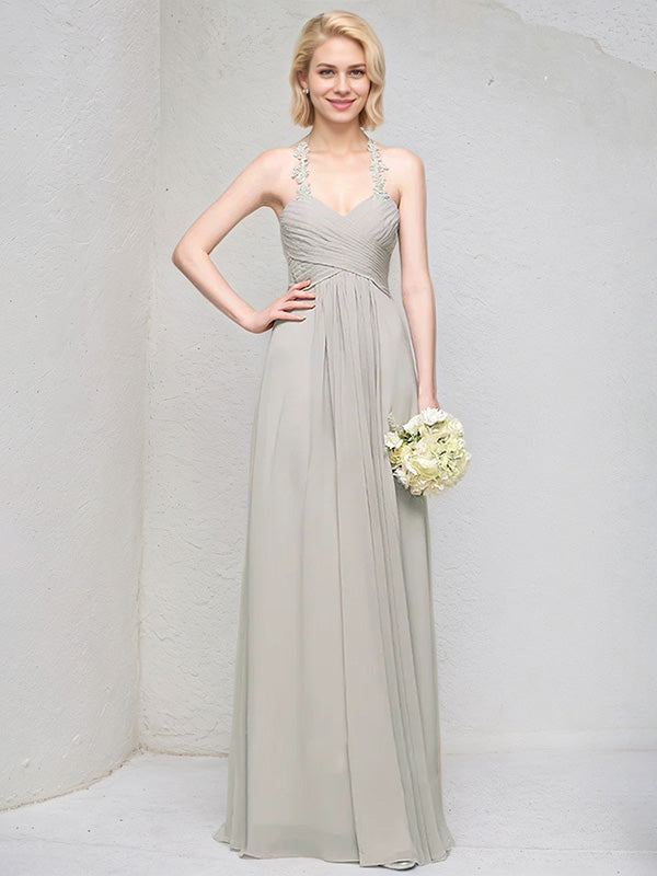 A-Line Sweetheart Floor-Length Chiffon Lace Bridesmaid Dress With Ruffle