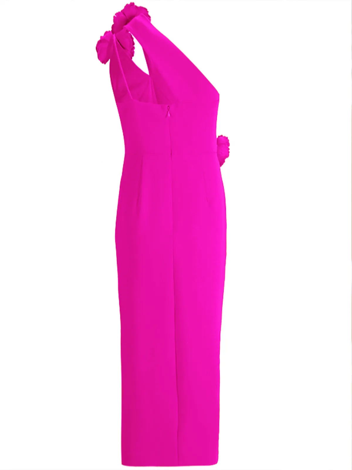 Rose Red 3D Floral One-Shoulder Sheath Midi Dress - View 4 | FashionDia