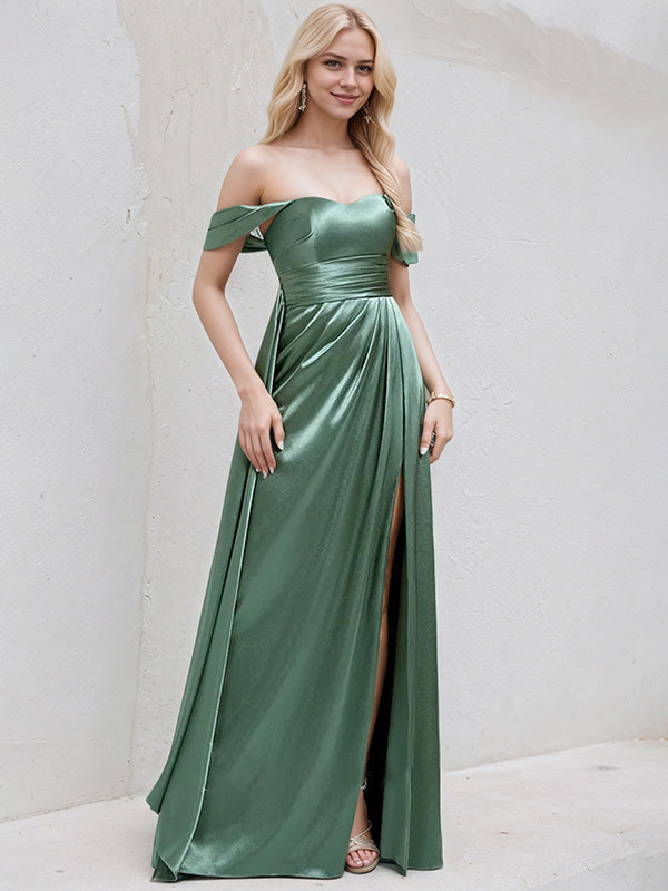 Sea Glass Satin A Line Off the Shoulder Sleeveless Floor Length Bridesmaid Dress