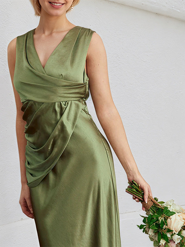 Olive Green Satin Sheath/Column V Neck Floor Length Bridesmaid Dress