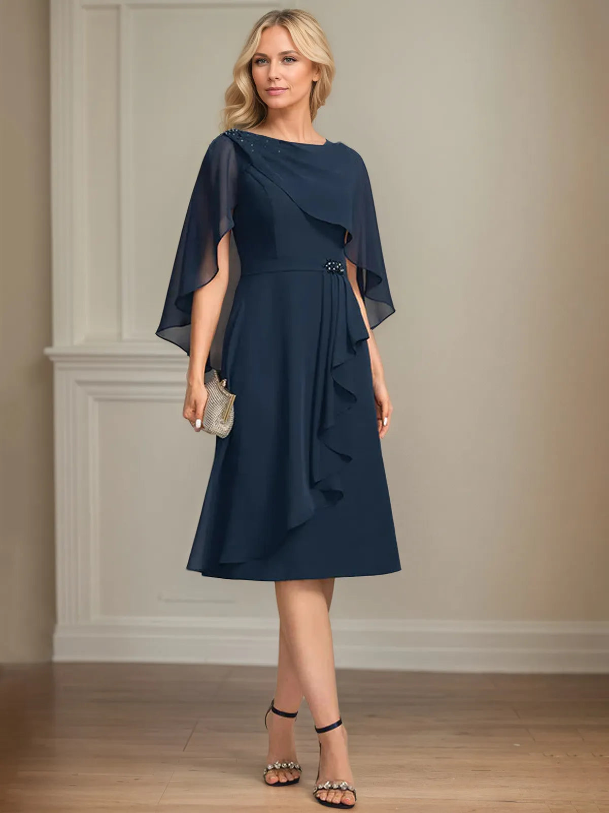 Sheath/Column Scoop Knee-Length Chiffon Mother of the Bride Dress With Cascading Ruffles Beading - View 4 | FashionDia