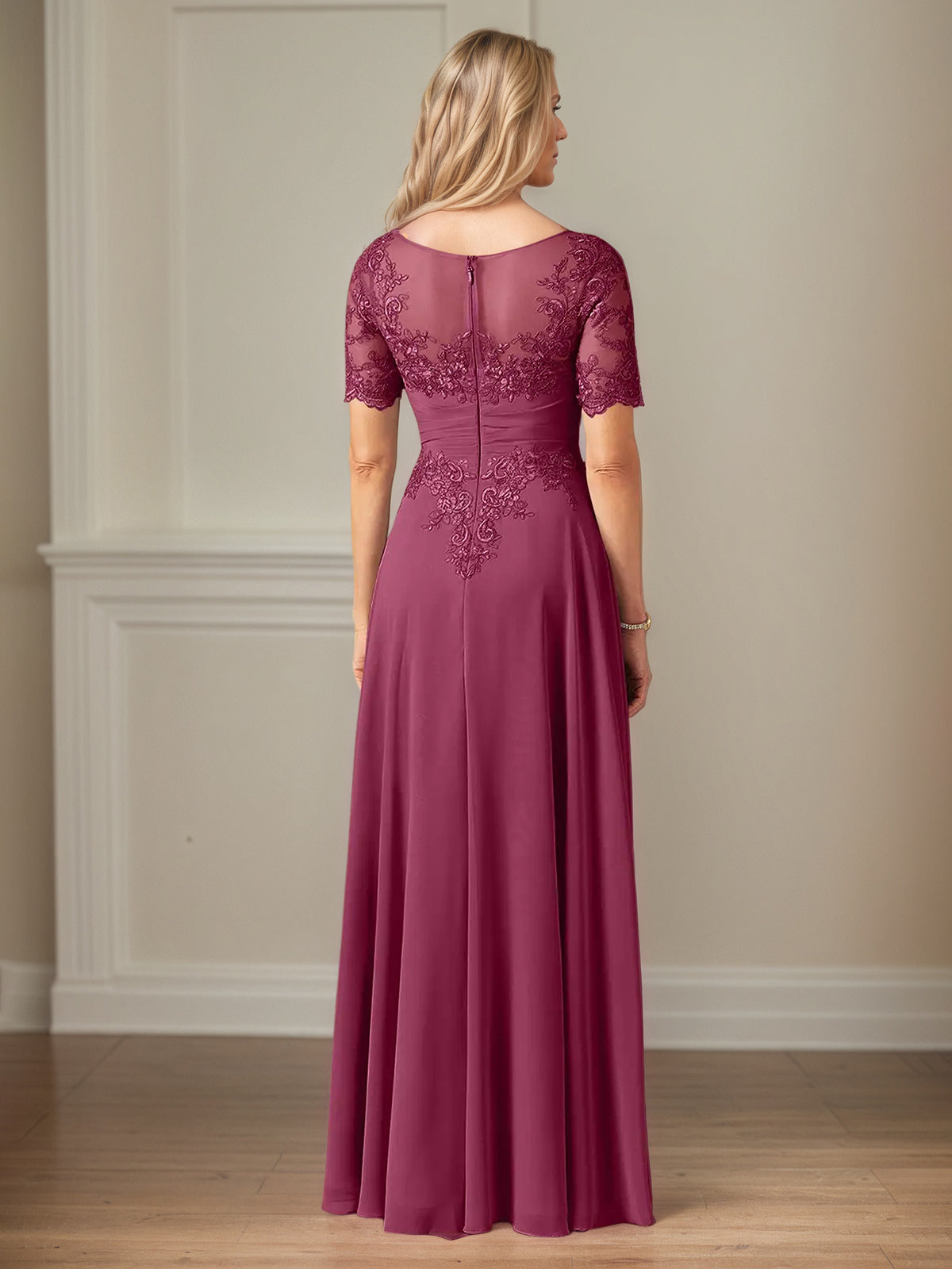 A-Line Chiffon Scoop Neck Short Sleeves Floor-Length Mother of the Bride Dresses With Appliques - View 2 | FashionDia
