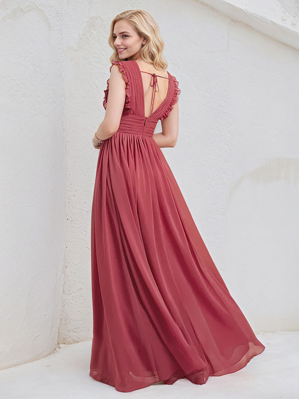 Cinnamon Rose Chiffon A Line V Neck Sleeveless Floor Length Bridesmaid Dress