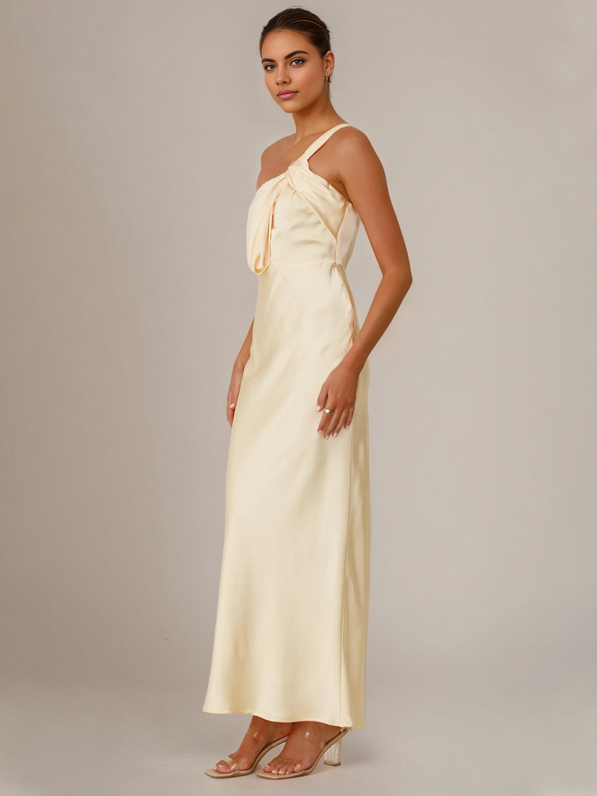 Yellow Satin Sheath/Column One-Shoulder Ankle Length Bridesmaid Dresses - View 4 | FashionDia