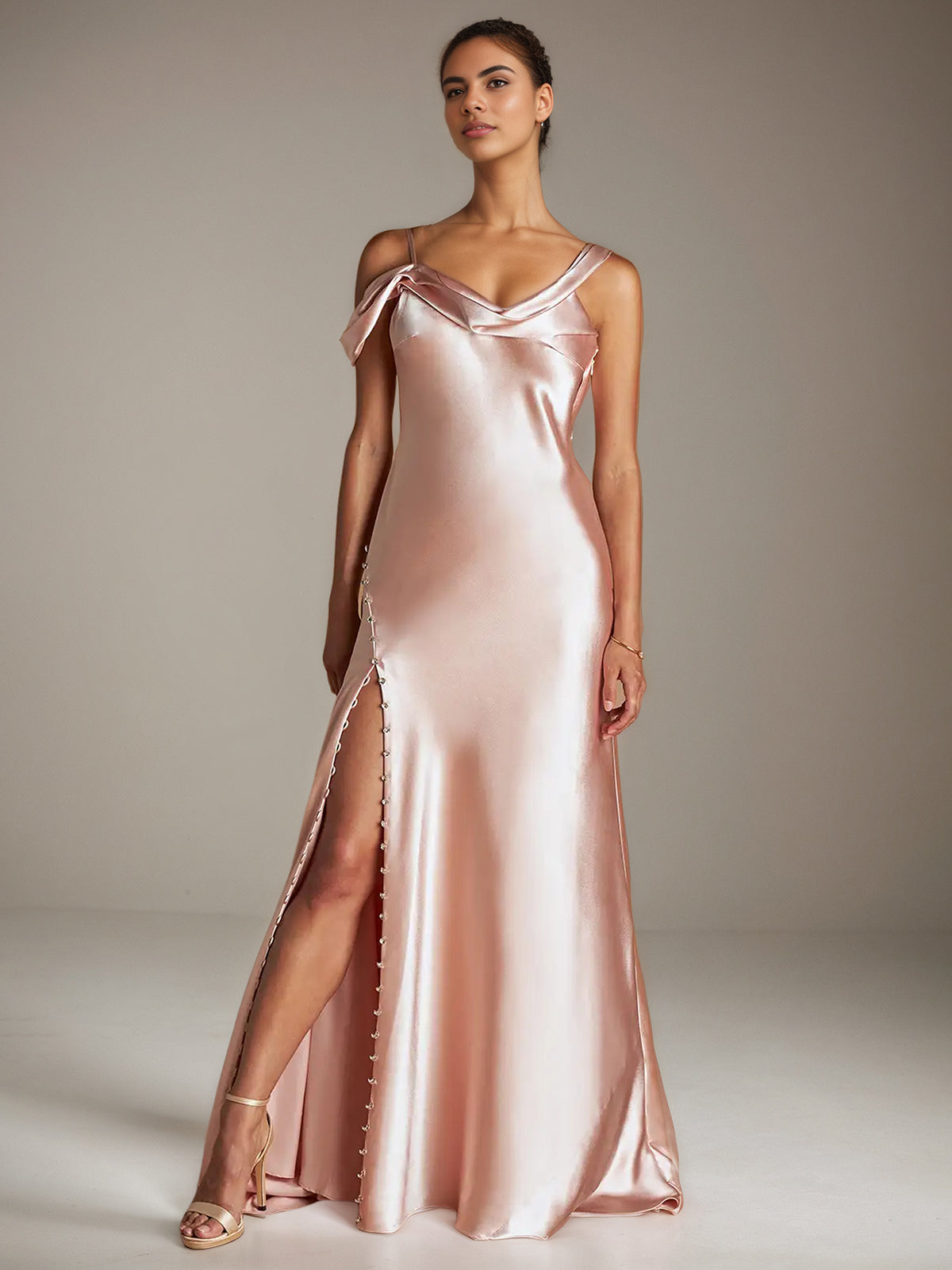Blush Pink Satin Sheath/Column Asymmetrical Sleeveless Floor Length Bridesmaid Dress