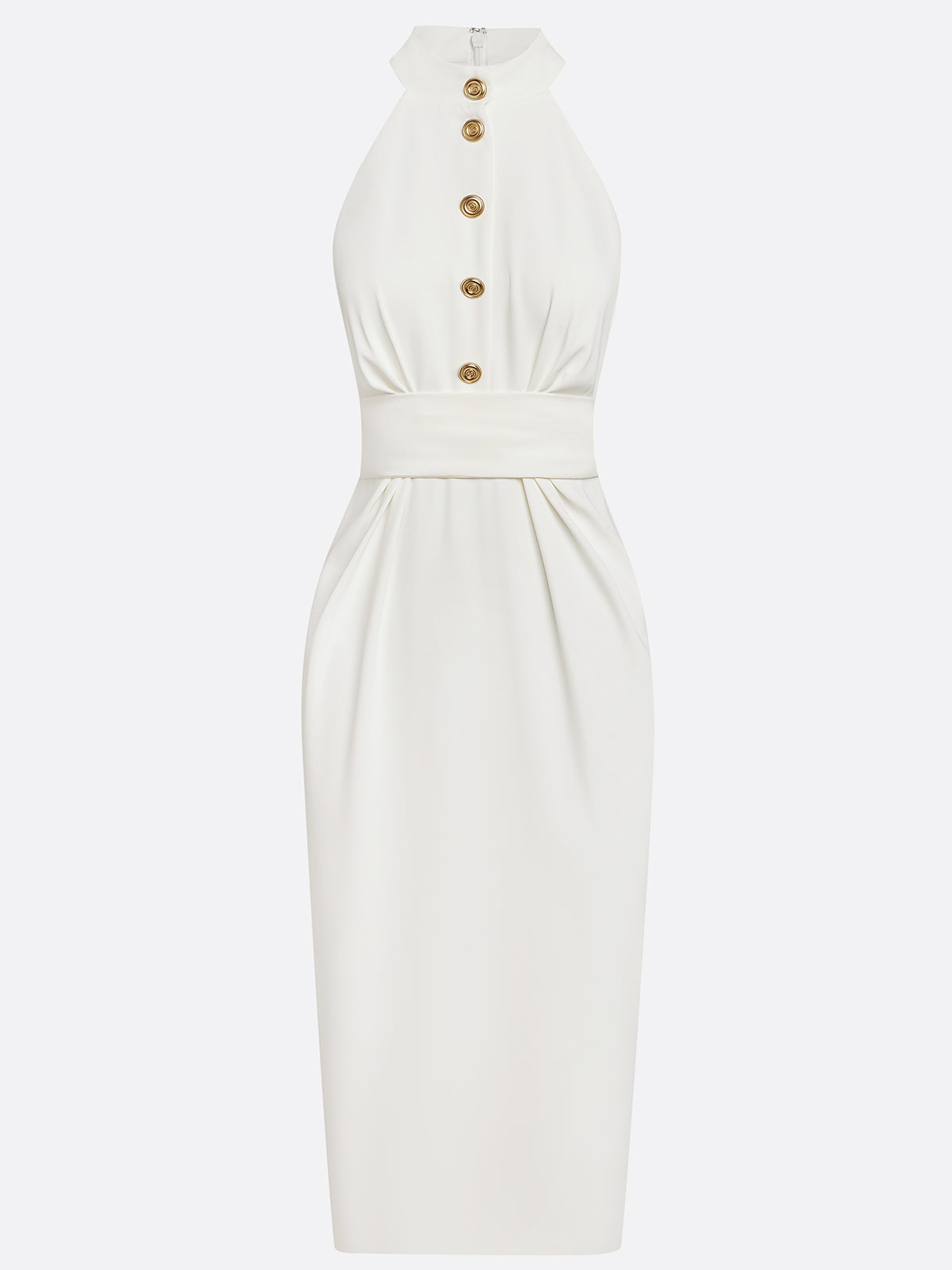 White Buckle Ruched Classic Halter Sleeveless Sheath Midi Dress - View 4 | FashionDia