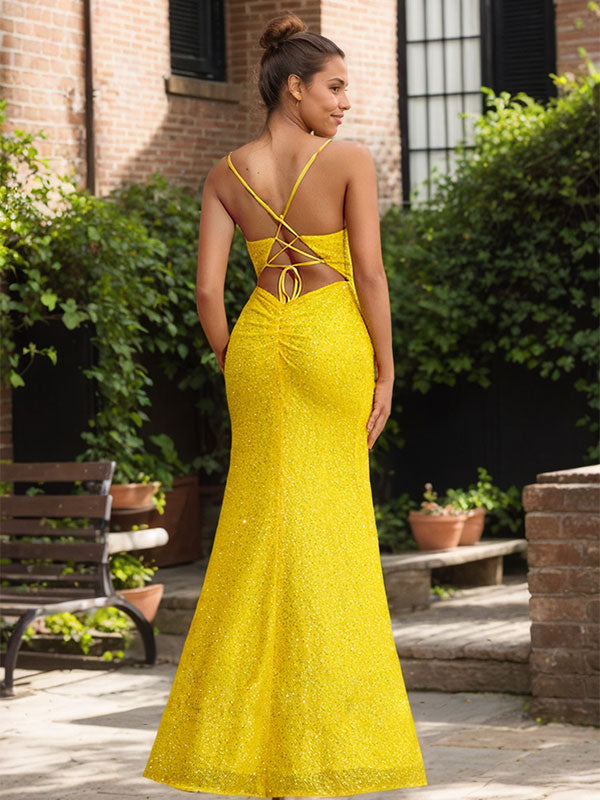 Radiant Daffodil Spaghetti Strap Sequin Gown with High Slit - View 2 | FashionDia
