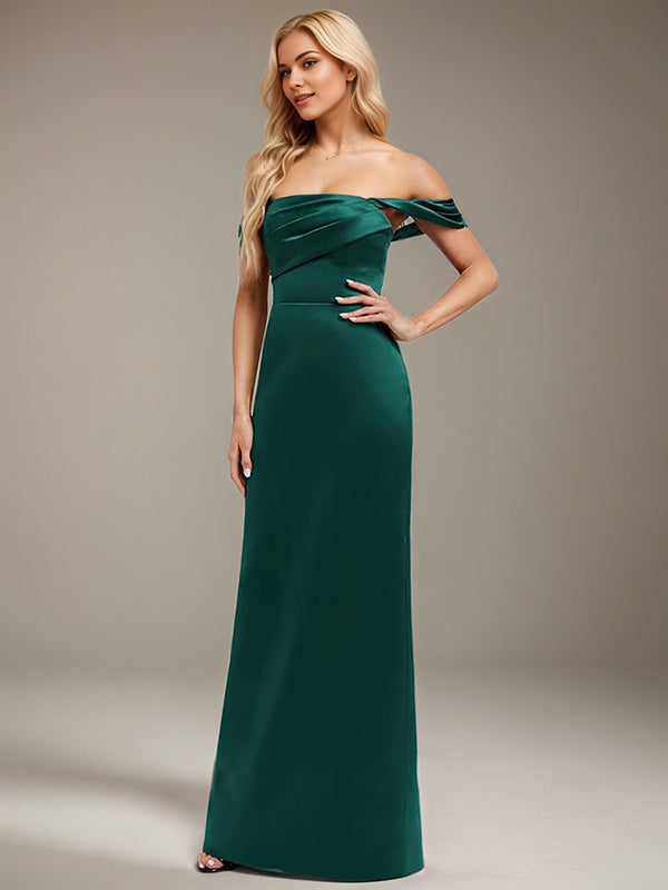 Emerald Sheath/Column Off the Shoulder Floor-Length Satin Bridesmaid Dress