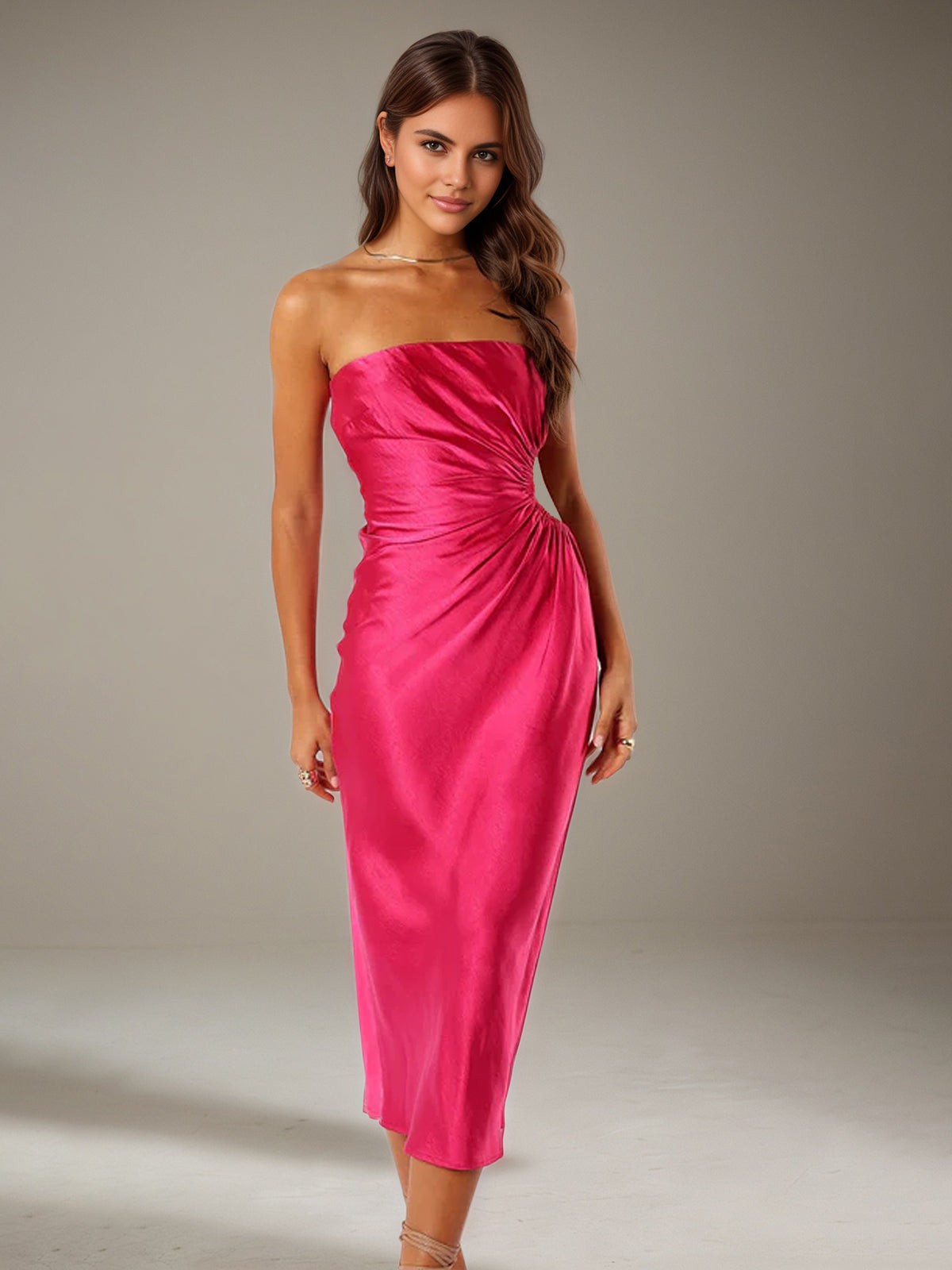 Hot Pink Satin Sheath/Column Off The Shoulder Tea Length Bridesmaid Dresses