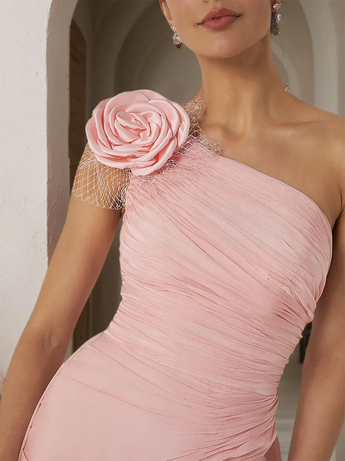 Pink 3D Floral Chiffon One-Shoulder Sleeveless Sheath Gown Dress - View 4 | FashionDia
