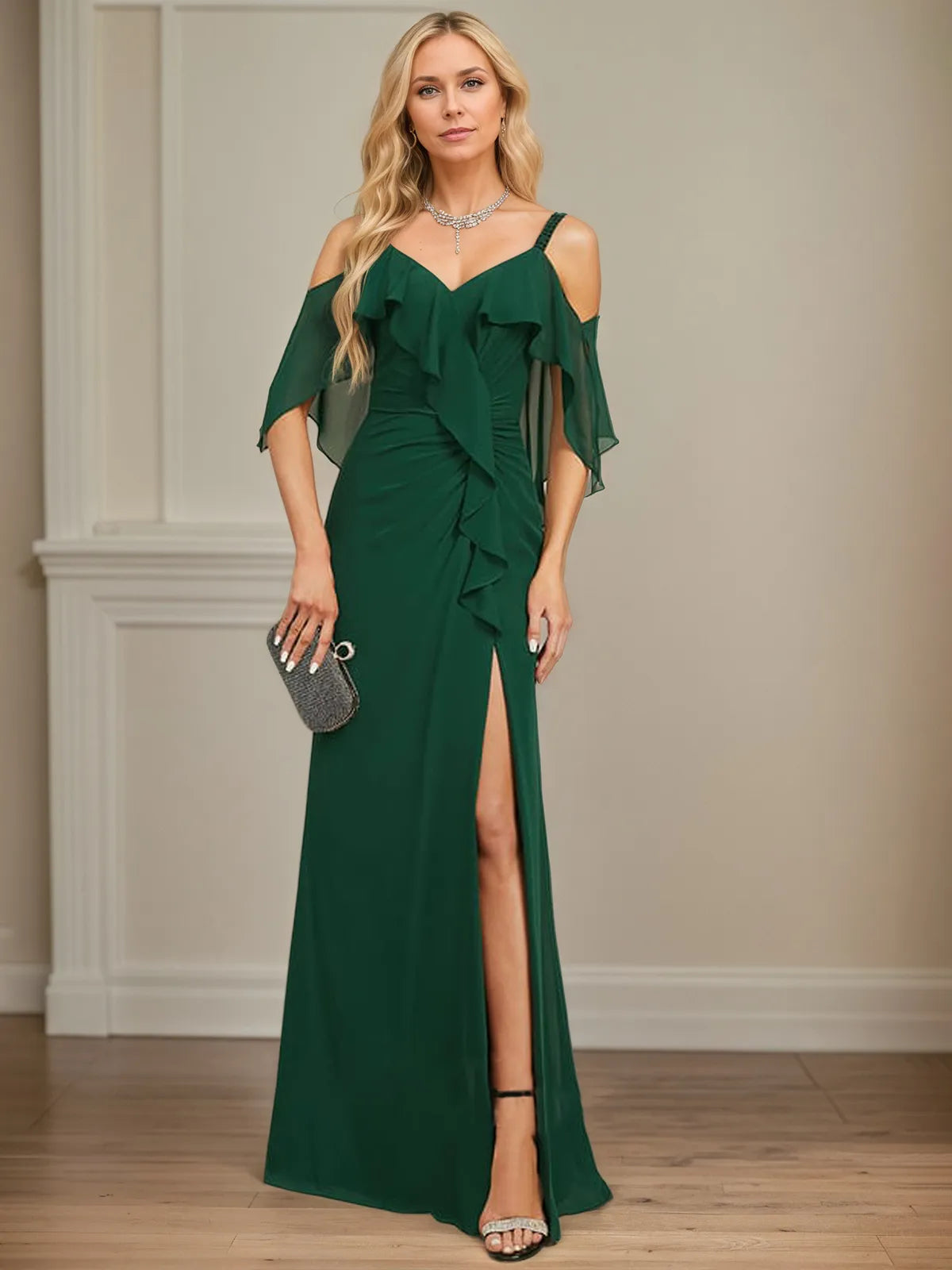 Sheath/Column Cold Shoulder V-Neck Floor-Length Chiffon Dress With Cascading Ruffles Sequins Beading - View 5 | FashionDia