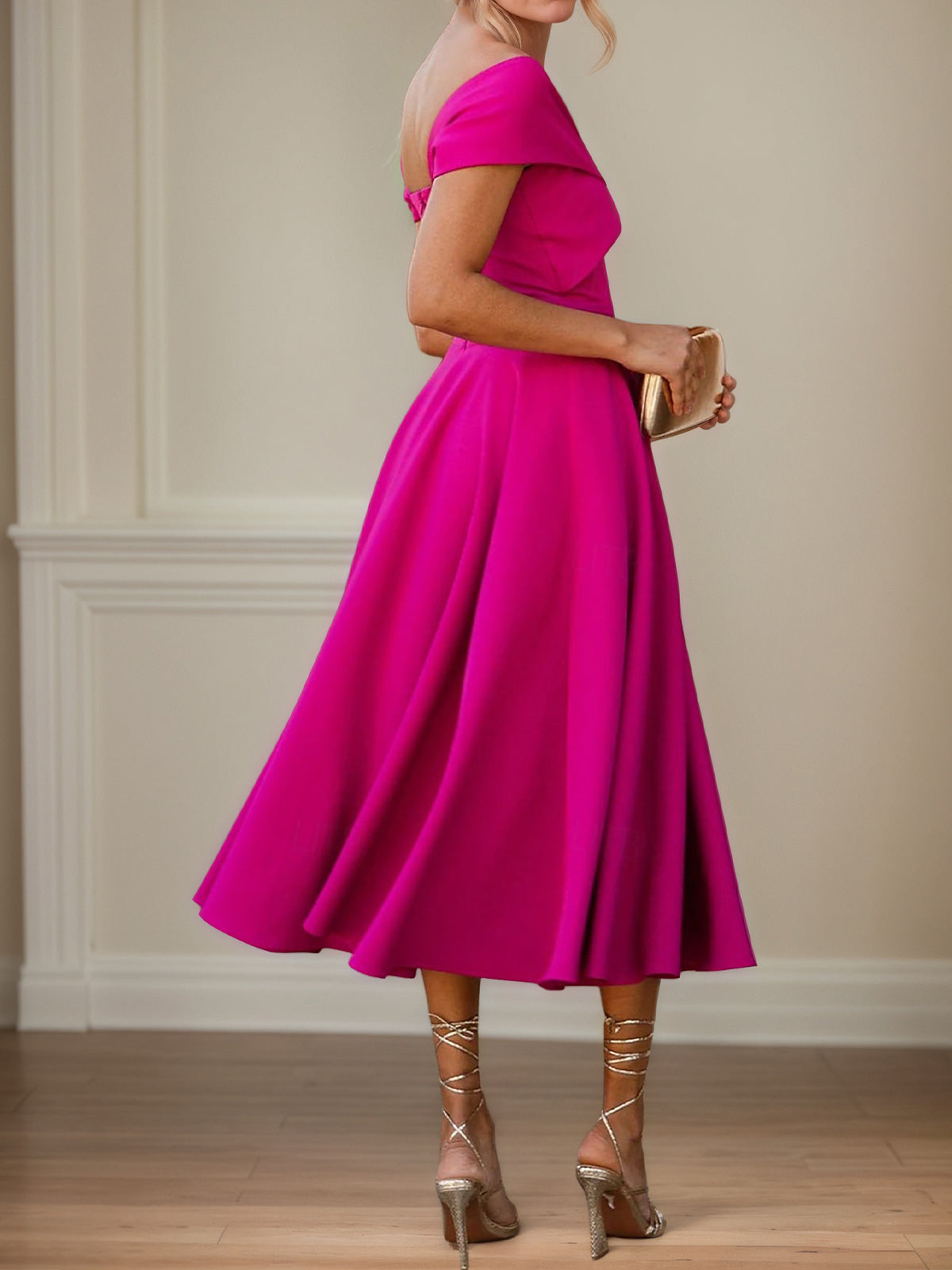 Fuchsia Stretch Crepe A-Line Off-the-Shoulder Short Sleeves Tea-Length Mother of the Bride Dresses - View 2 | FashionDia