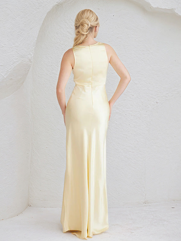 Champagne Satin Sheath/Column V Neck Floor Length Bridesmaid Dress