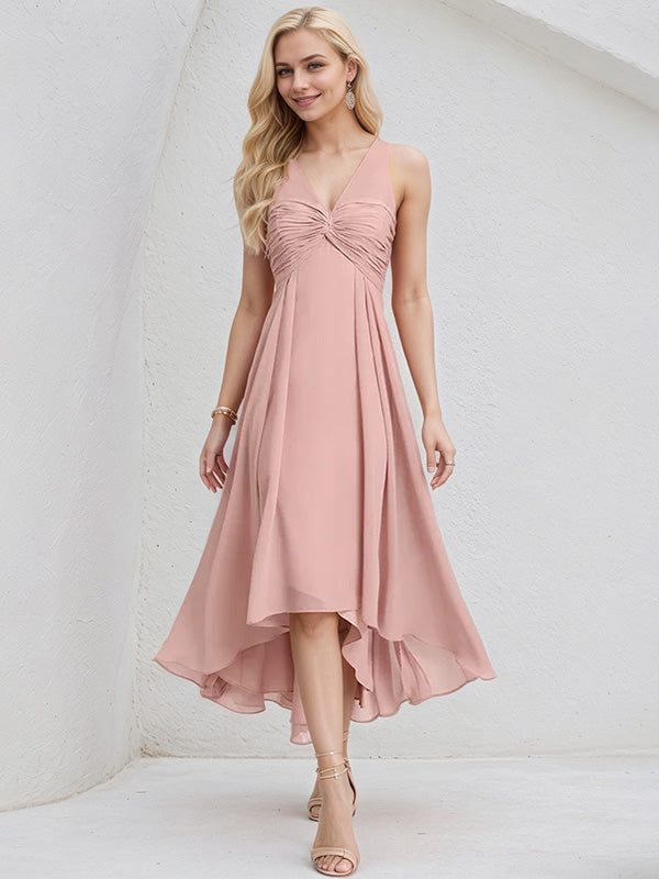 Dusty Rose Chiffon A Line V Neck Sleeveless Asymmetrical Bridesmaid Dress